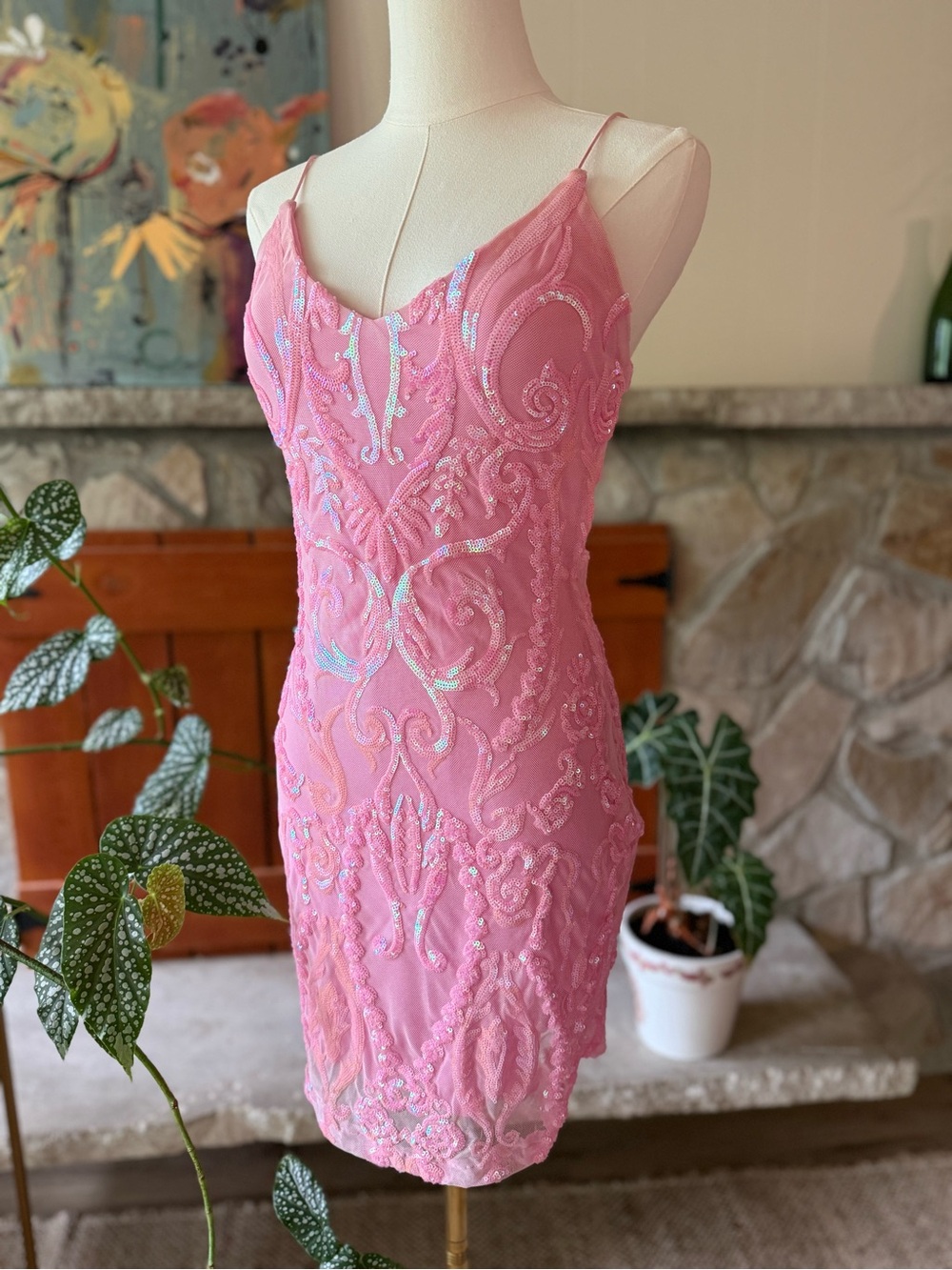 B.Darlin Formal Sparkly Sequin Coquette Mini Bodycon Dress Medium Bubblegum Pink